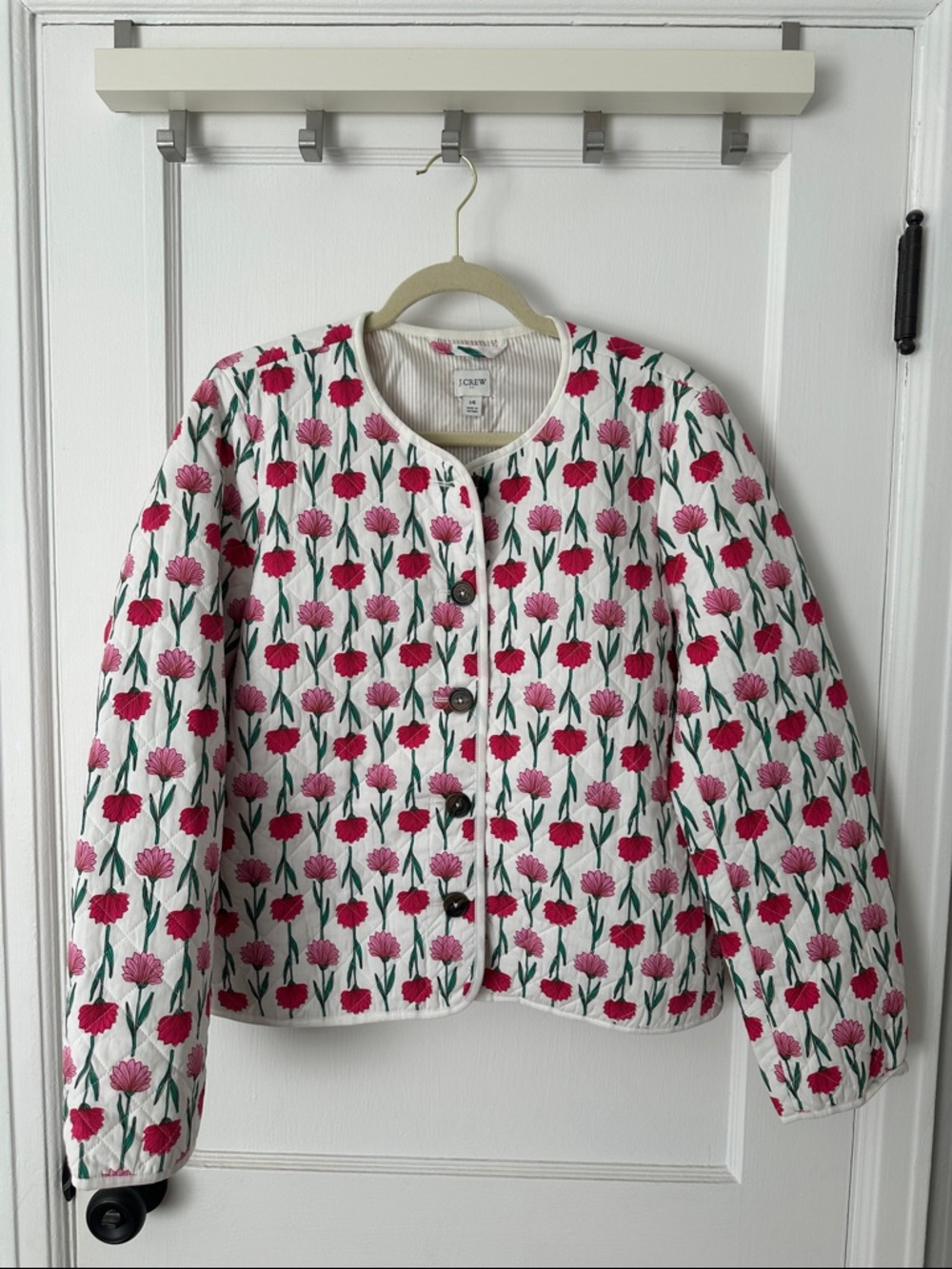 J. Crew White Quilted Jacket with Pink & Red Floral Print